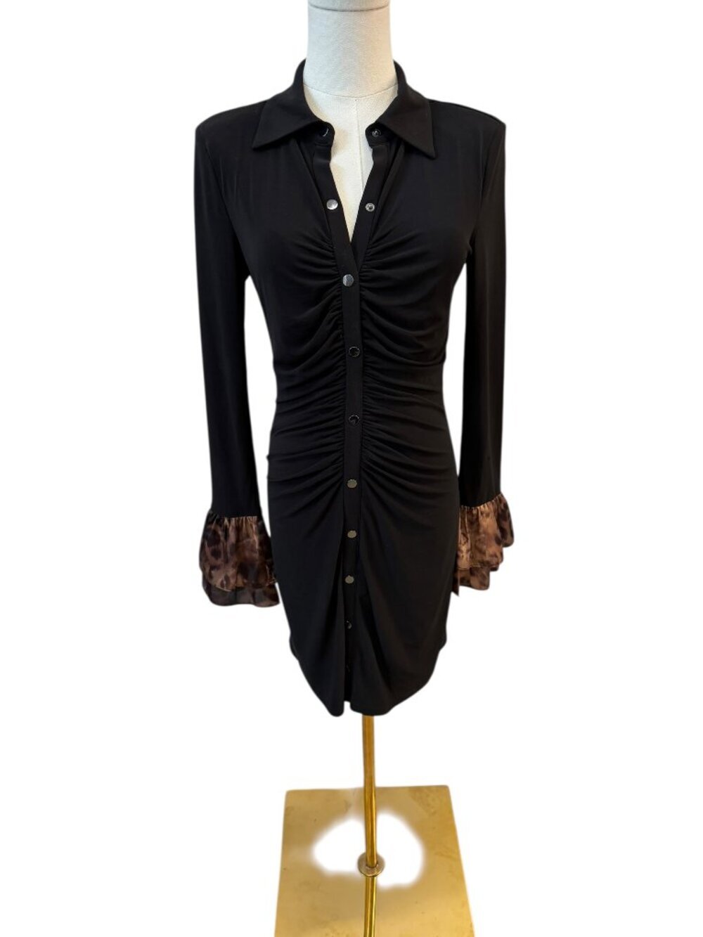 Ramy Brook Black Ruched Dress Leopard Cuff Size XS Stretch Mini - EUC